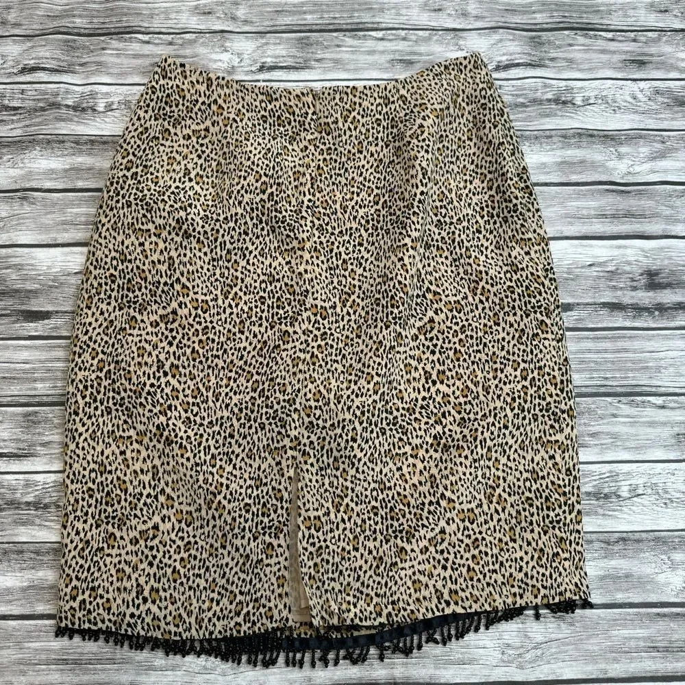 Allison Taylor Petite Silk Leopard Pencil Skirt Beaded Fringe Women’s 8P